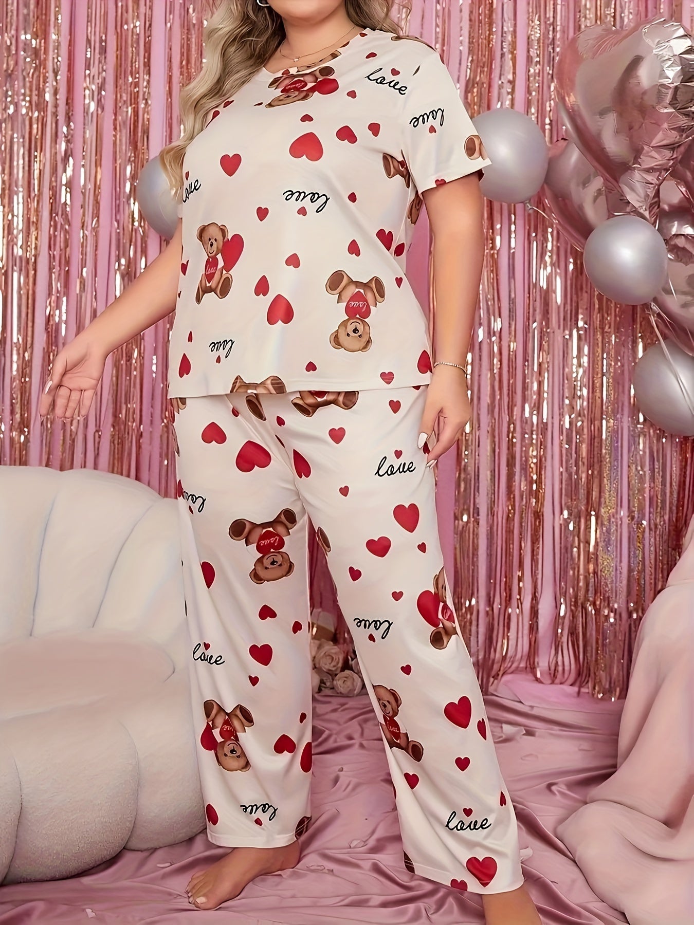 Women's Pajamas Large Size Cartoon Love Bear Sleepwear Set