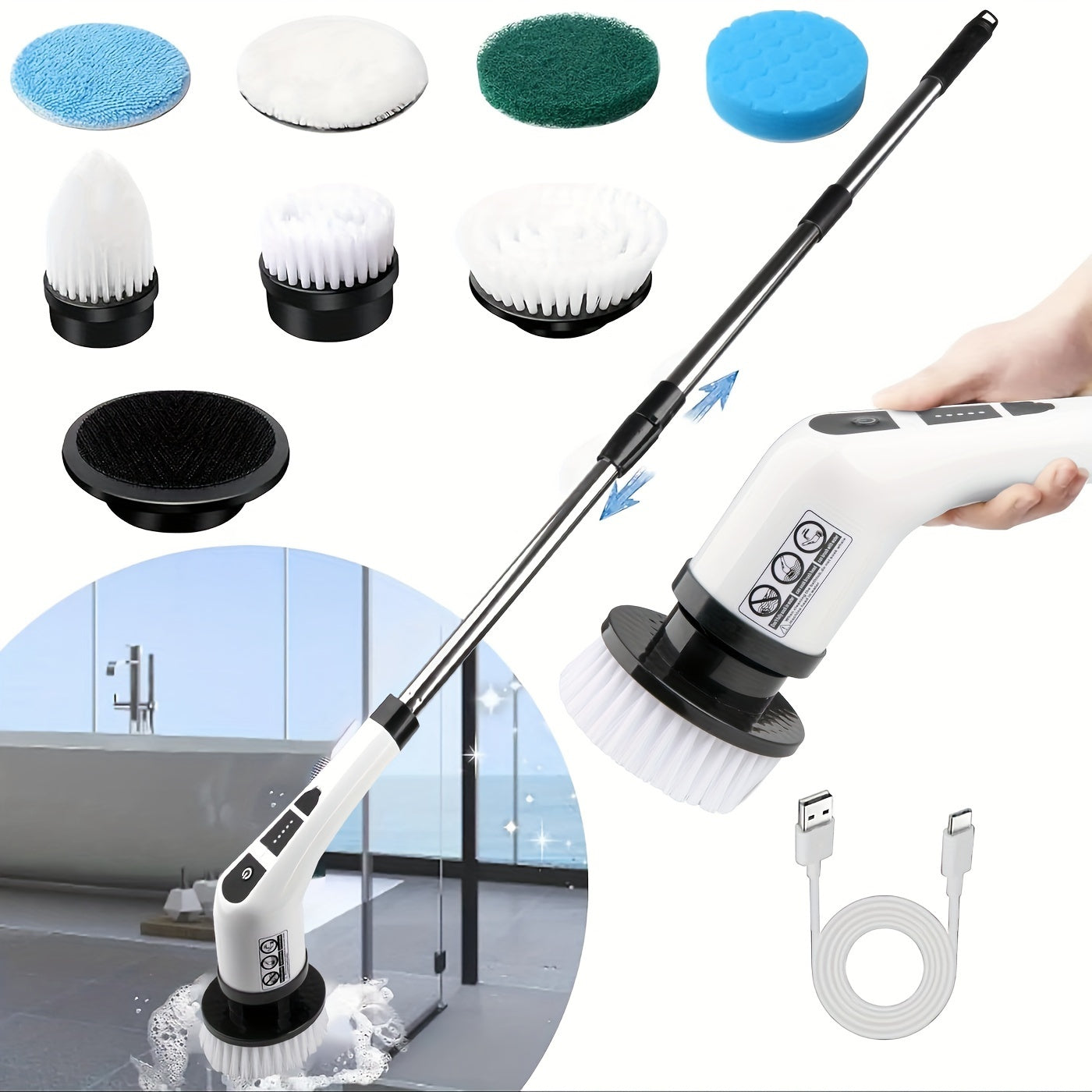 Electric Cleaning Brush Set 7-in-1 Cordless 2-Speed Long Handle Interchangeable Heads