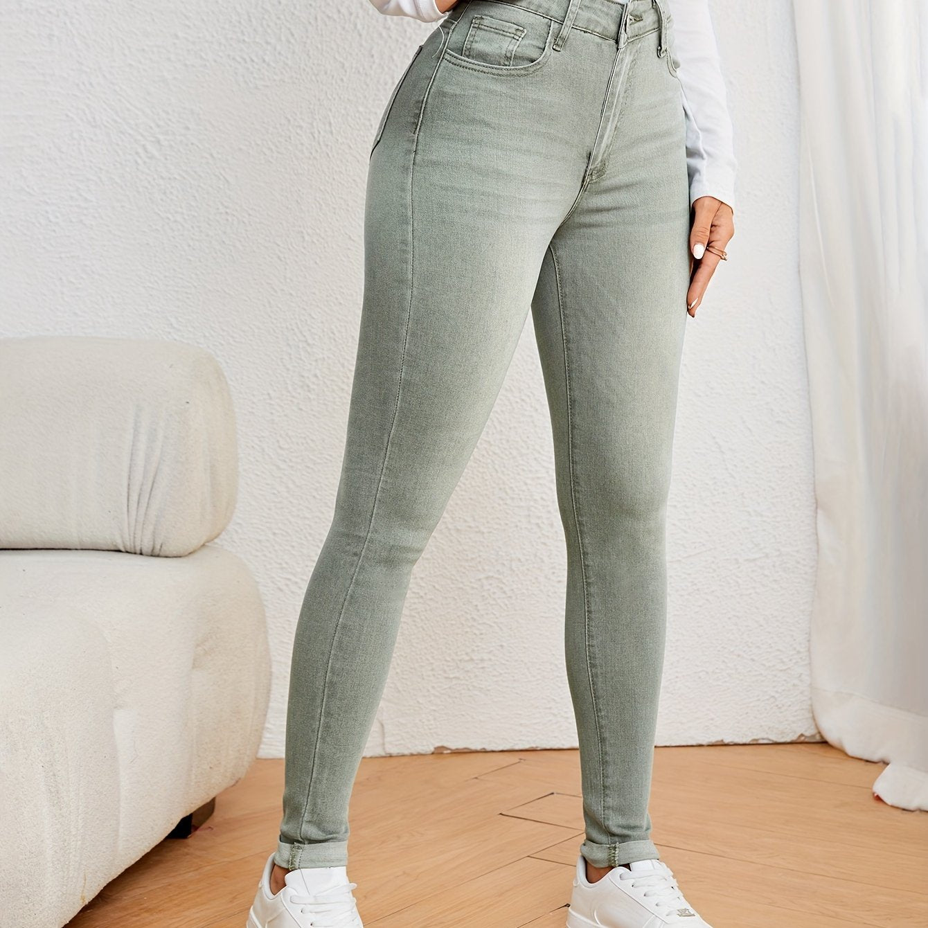 Women's Skinny Jeans Solid Color Washed Denim Medium Stretch Woven Fabric Casual All-Season