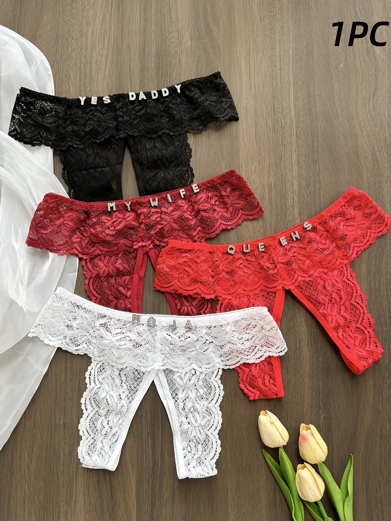 Women's Personalized Crystal Open-Crotch Thongs Lace G-String XL XXL XXXL XXXXL