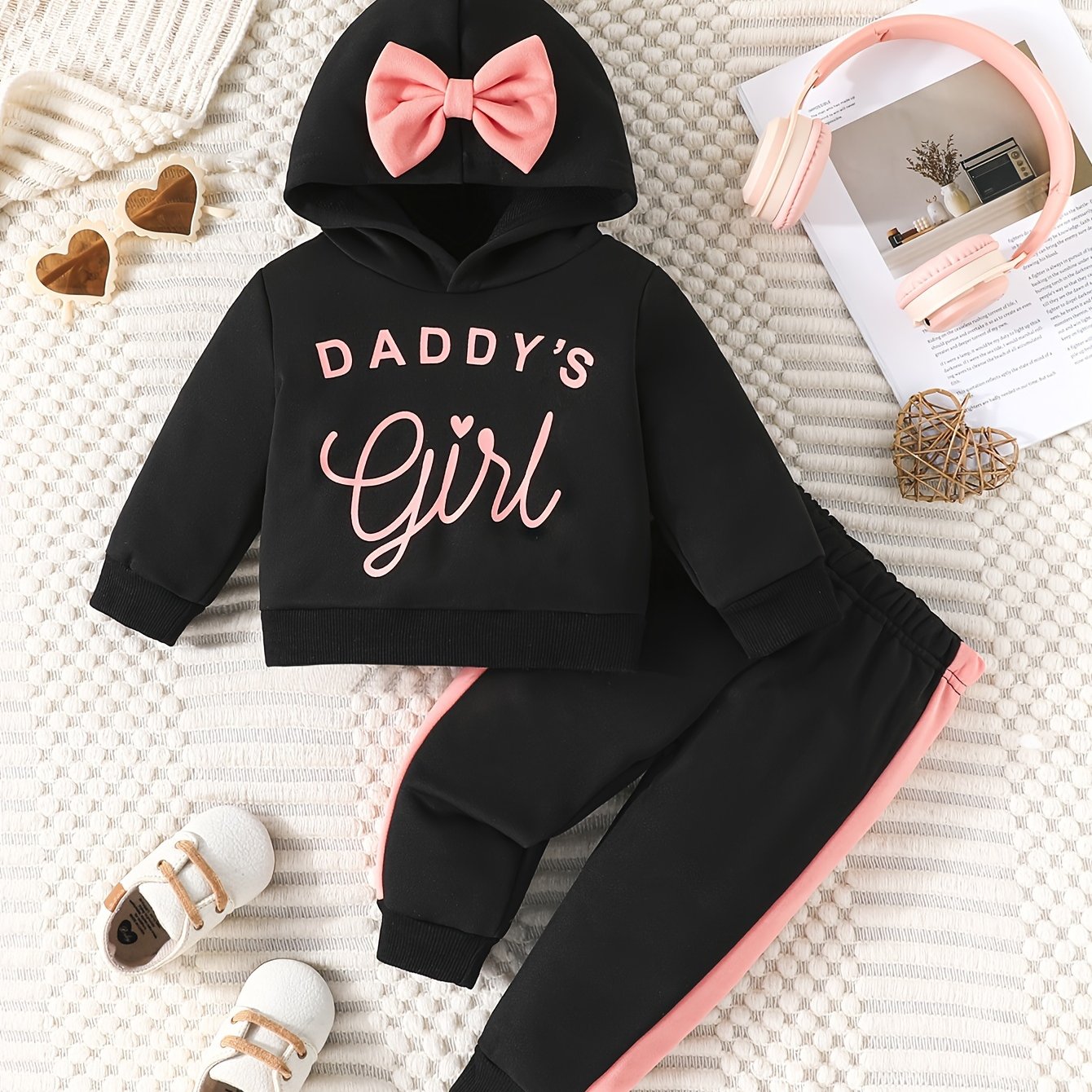 Baby Girl Casual Outfit Set with Hooded Sweatshirt and Bow Trousers for Spring and Fall