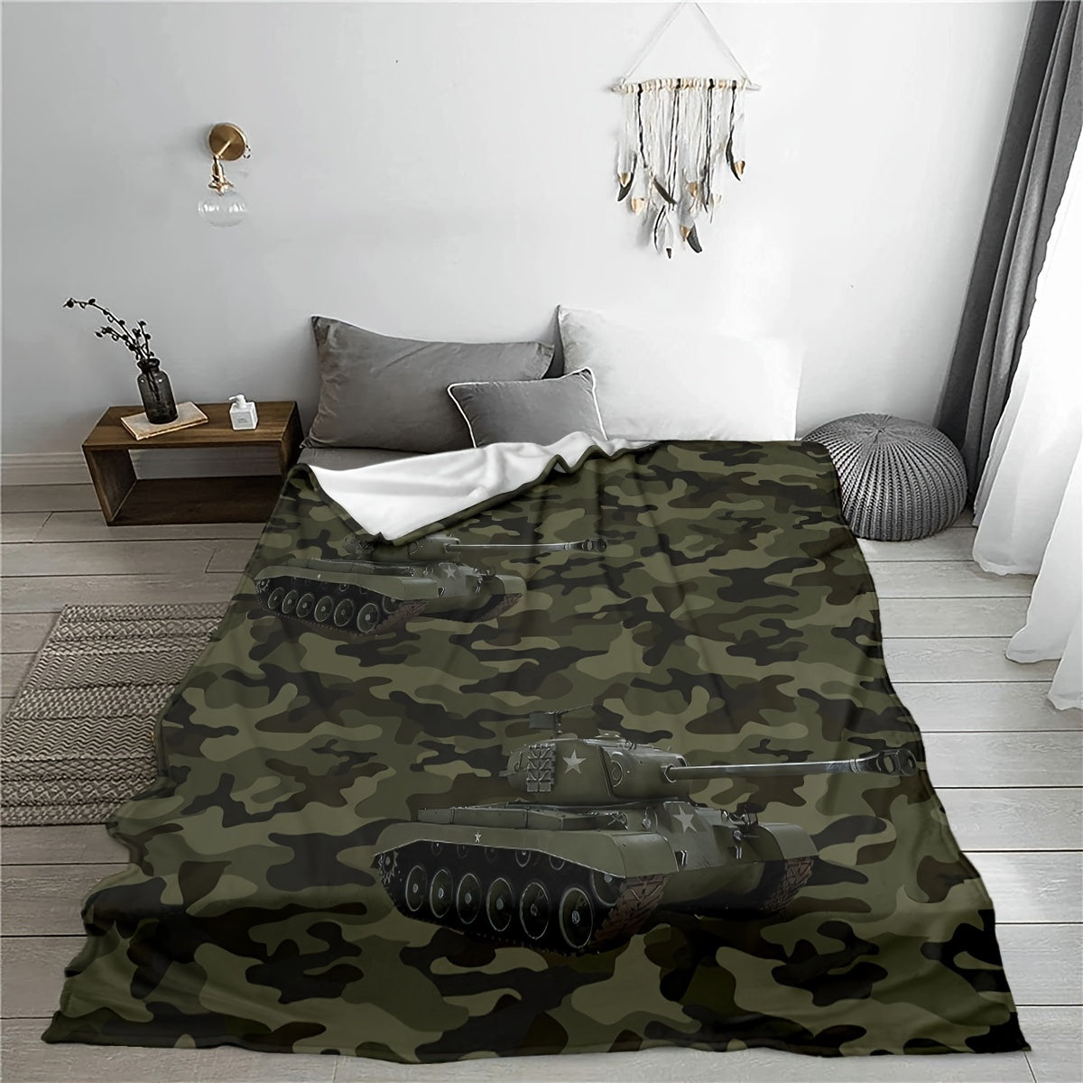 Kids Camouflage Throw Blanket Dark Green Digital Print Tank Car Bed Cover for Boys and Girls