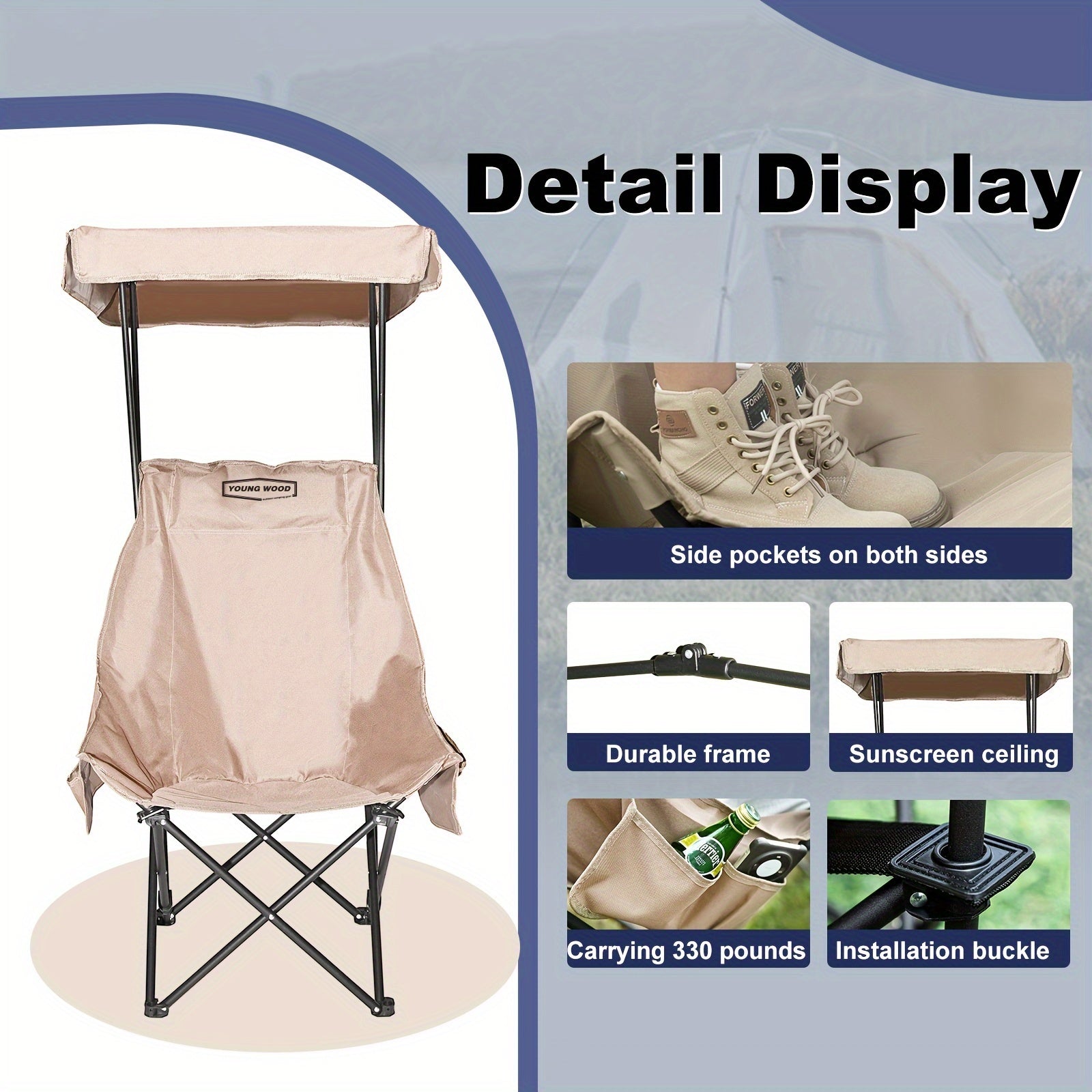Portable Camping Chair with Sun Shade Canopy, Adjustable, Lightweight, Supports Up to 330 lbs