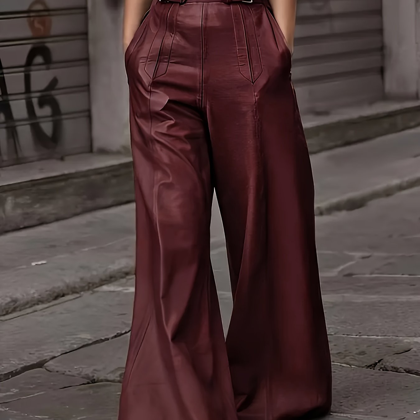 Women's PU Wide Leg Pants Casual Elegant Solid Color Large Size