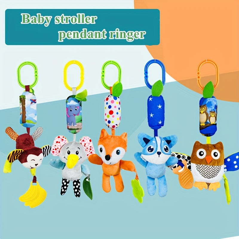 Baby Teething Toy Wind Chime with Cartoon Fox Cat Monkey Elephant Owl for Crib Car Seat