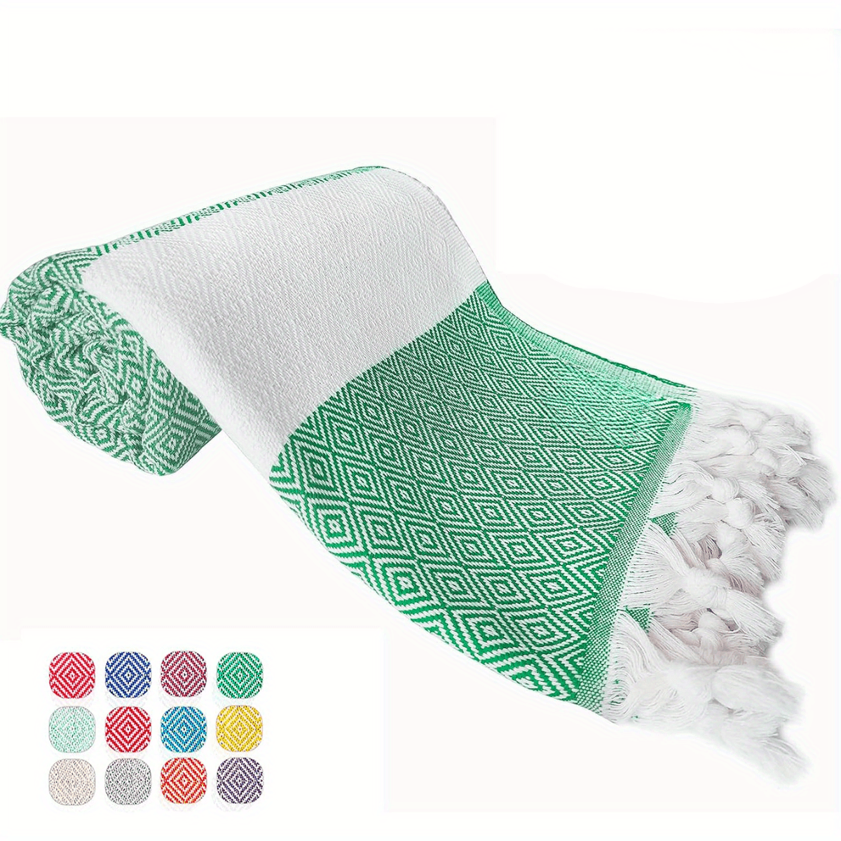 1 dona turk plyaj sochiq, jakardli romb dizayni bilan, tez quriydigan va qumga yopishmaydigan, o'lchami 71" x 39" (100 sm x 180 sm) plyaj va hammomda foydalanish uchun.