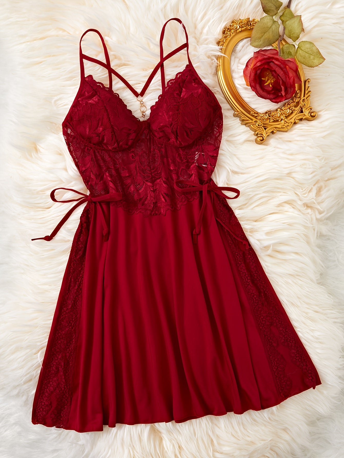 Women's Lace Nightgown with Strappy Backless Design and Metal Accents