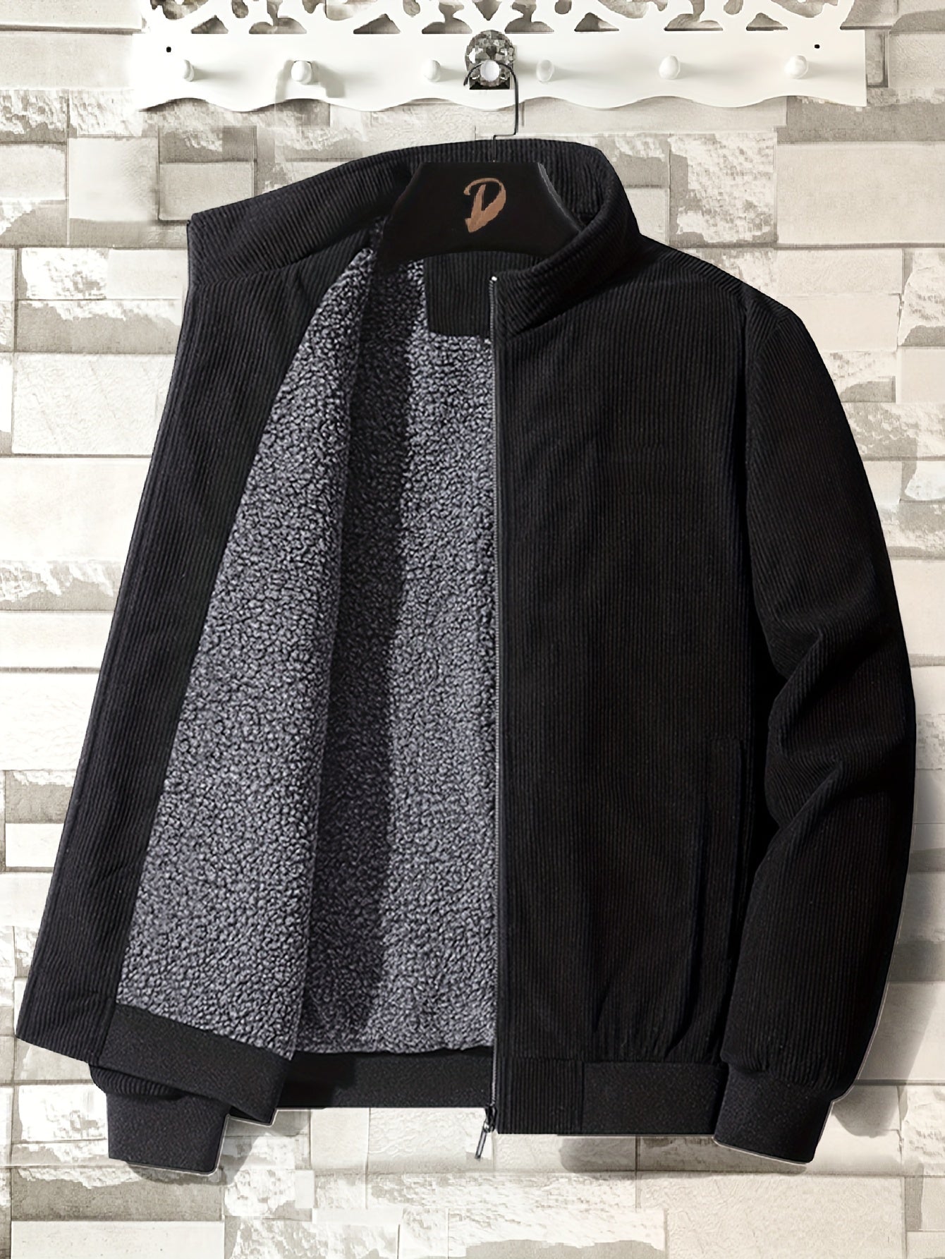 Chaqueta de pana para hombre con forro de felpa, cuello alto, corte regular, otoño e invierno