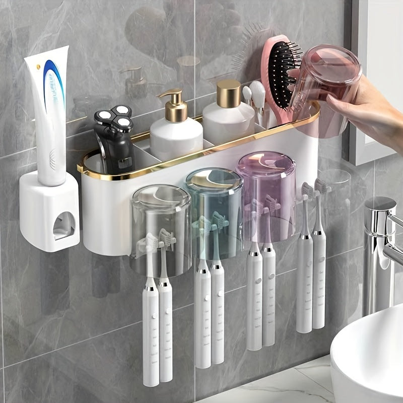 Wall-Mounted Toothbrush Holder with Gargle Cup No-Drill Bathroom Organizer Transparent