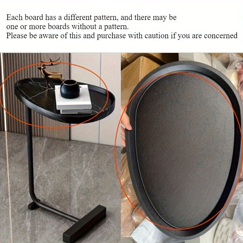 Mesita lateral en forma de C con tapa de madera dura y estructura de metal para sala de estar o dormitorio