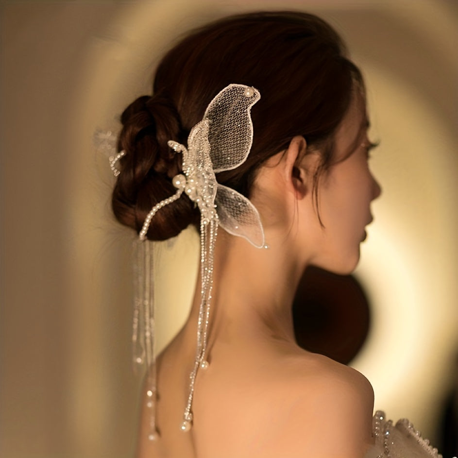 Women's Embroidered Butterfly Wing Hair Clips with Faux Pearl Tassel and Non-Slip Duck-Billed Clamp