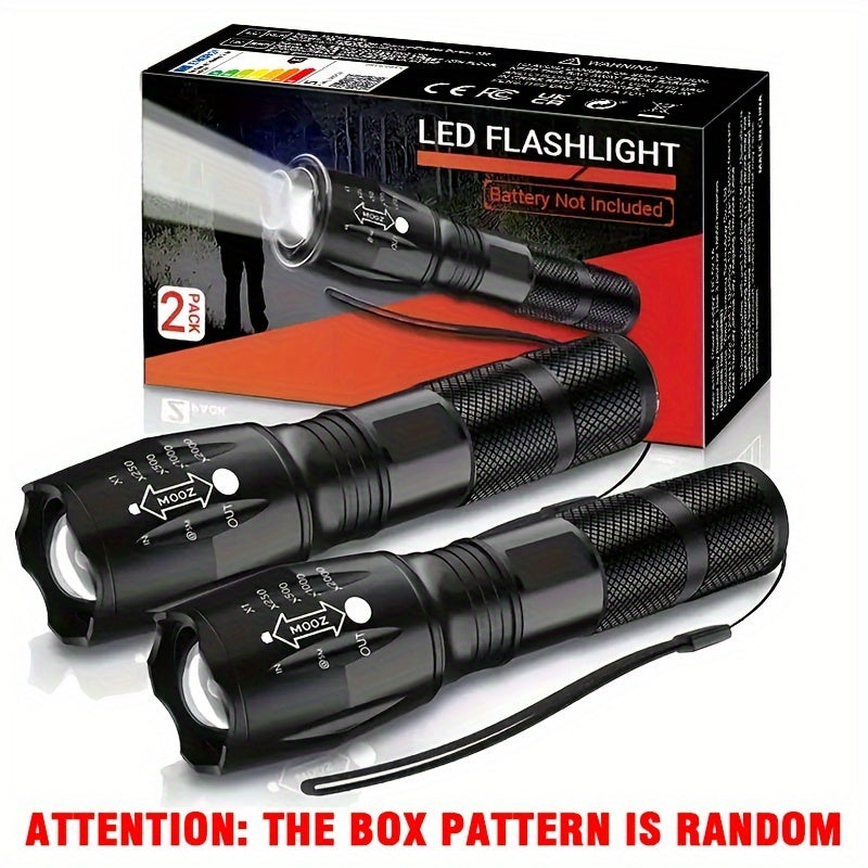 2 ta LED zoomable flashlight, camping, piyoda yurish, baliq ovlash, favqulodda vaziyatlar uchun yorqin alyuminiy qotishmasidan tayyorlangan. Batareyalar kiritilmagan.