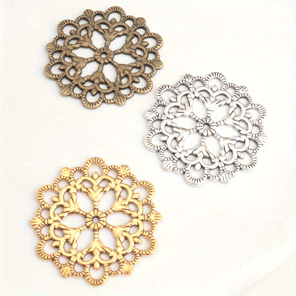 Set of 30 Antique Silver and Gold Hollow Lace Flower Round Pendants 30mm for Jewelry Making and Decorations