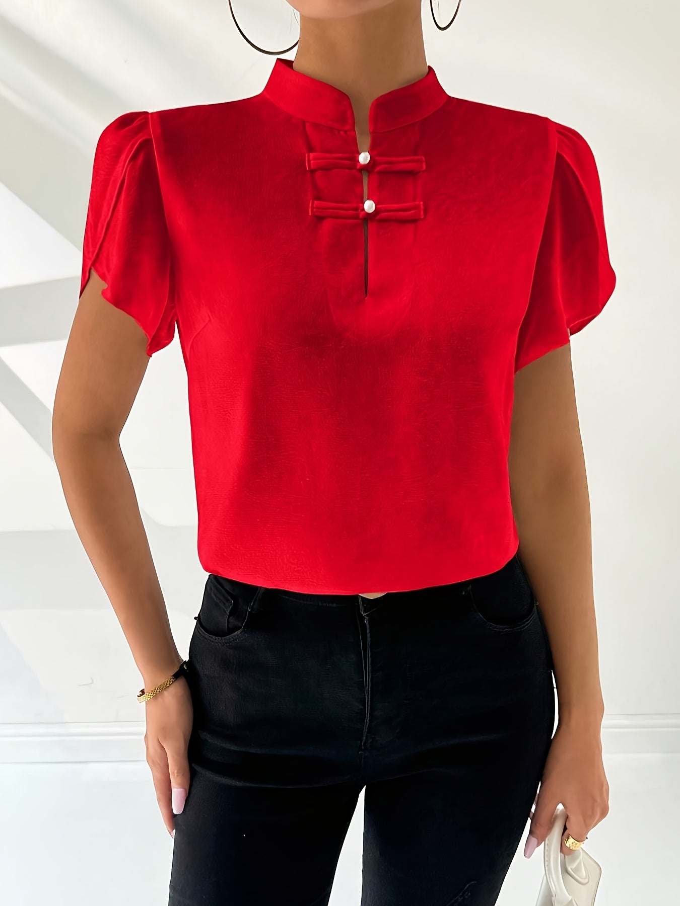 Women's White Breathable Polyester Blouse with Stand Collar and Ruffle Details