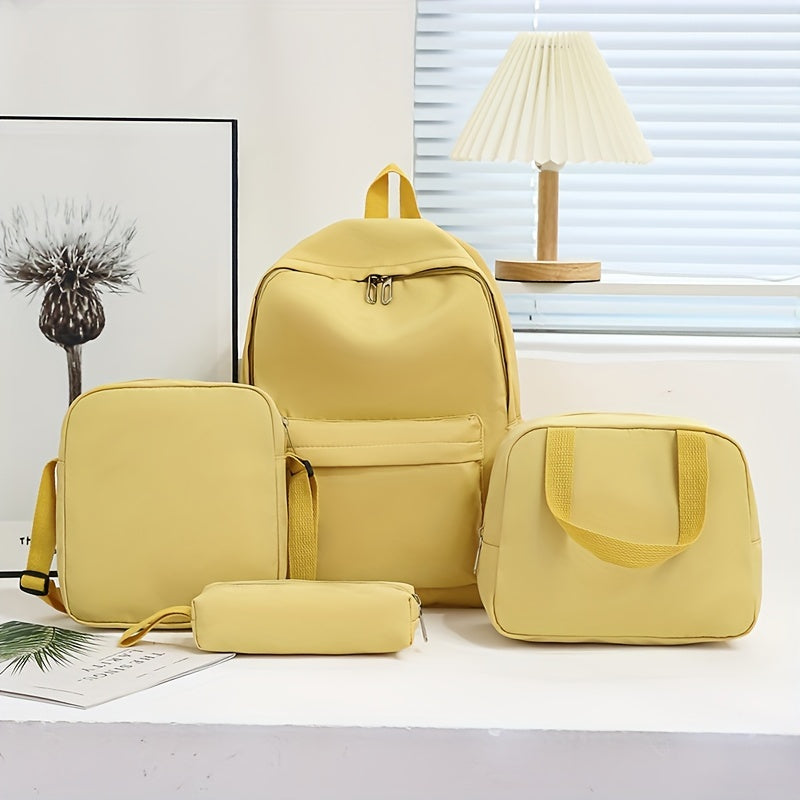 4 ta oddiy sayohat ruksaklari to'plami, bir rangda va katta sig'imga ega, maktab yoki sayohat uchun ideal.