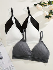 Women's Soft Ribbed Bra Set with Removable Pads in Black White Gray