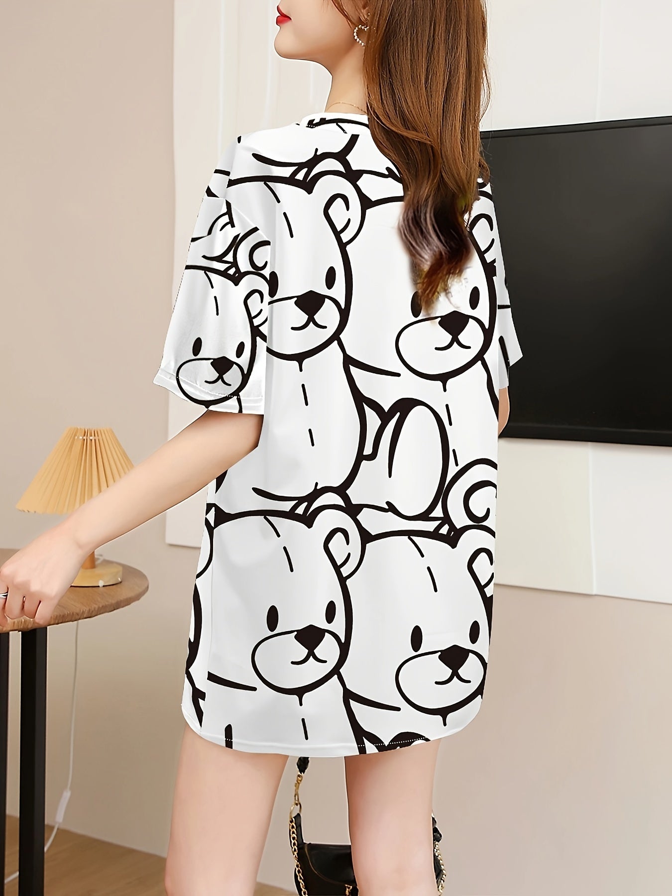 Women's Casual Bear Print Long Sleeve Crew Neck T-Shirt Knit Fabric All Seasons