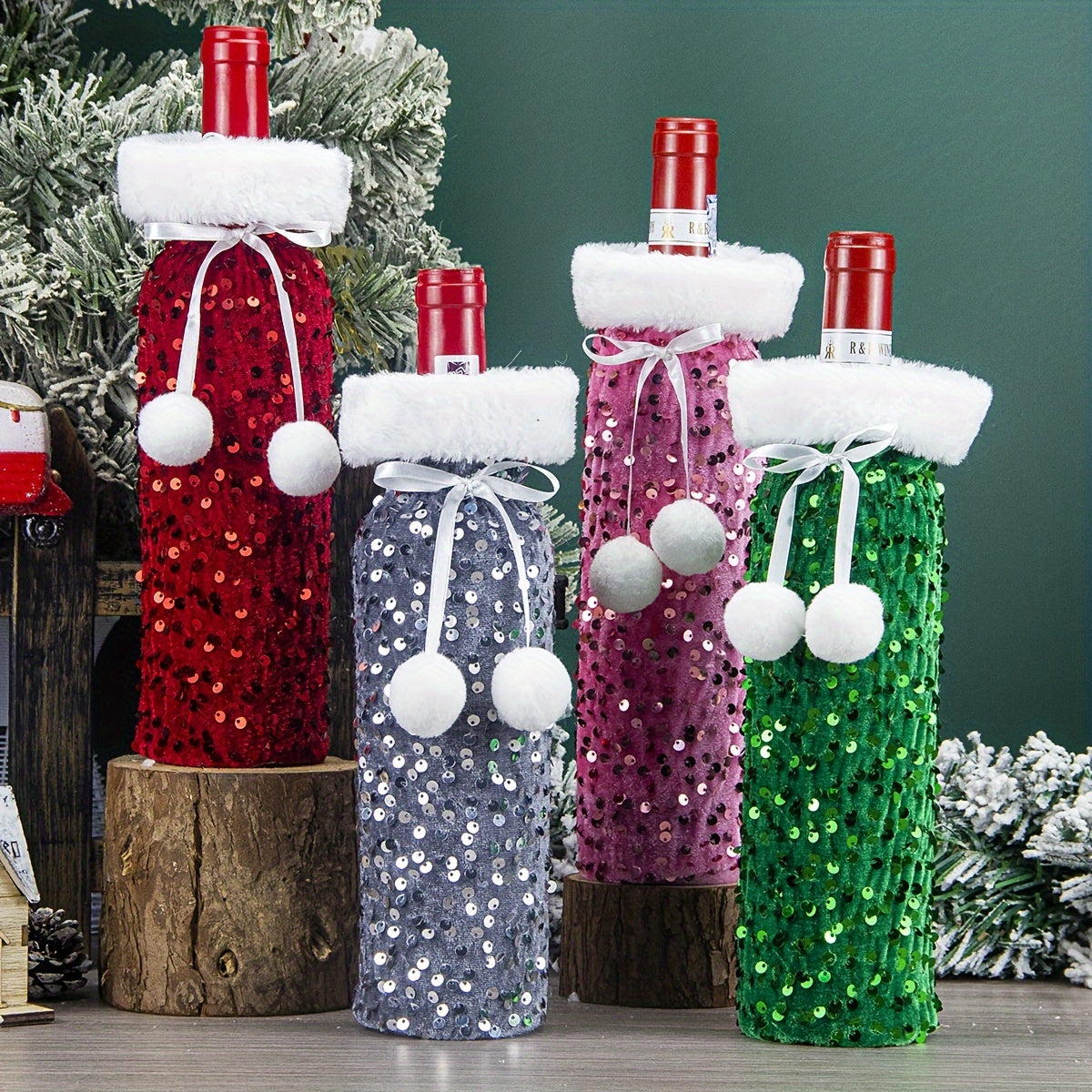 Colorful Sequin Christmas Ornament Wine Bottle Cover for Party Decoration