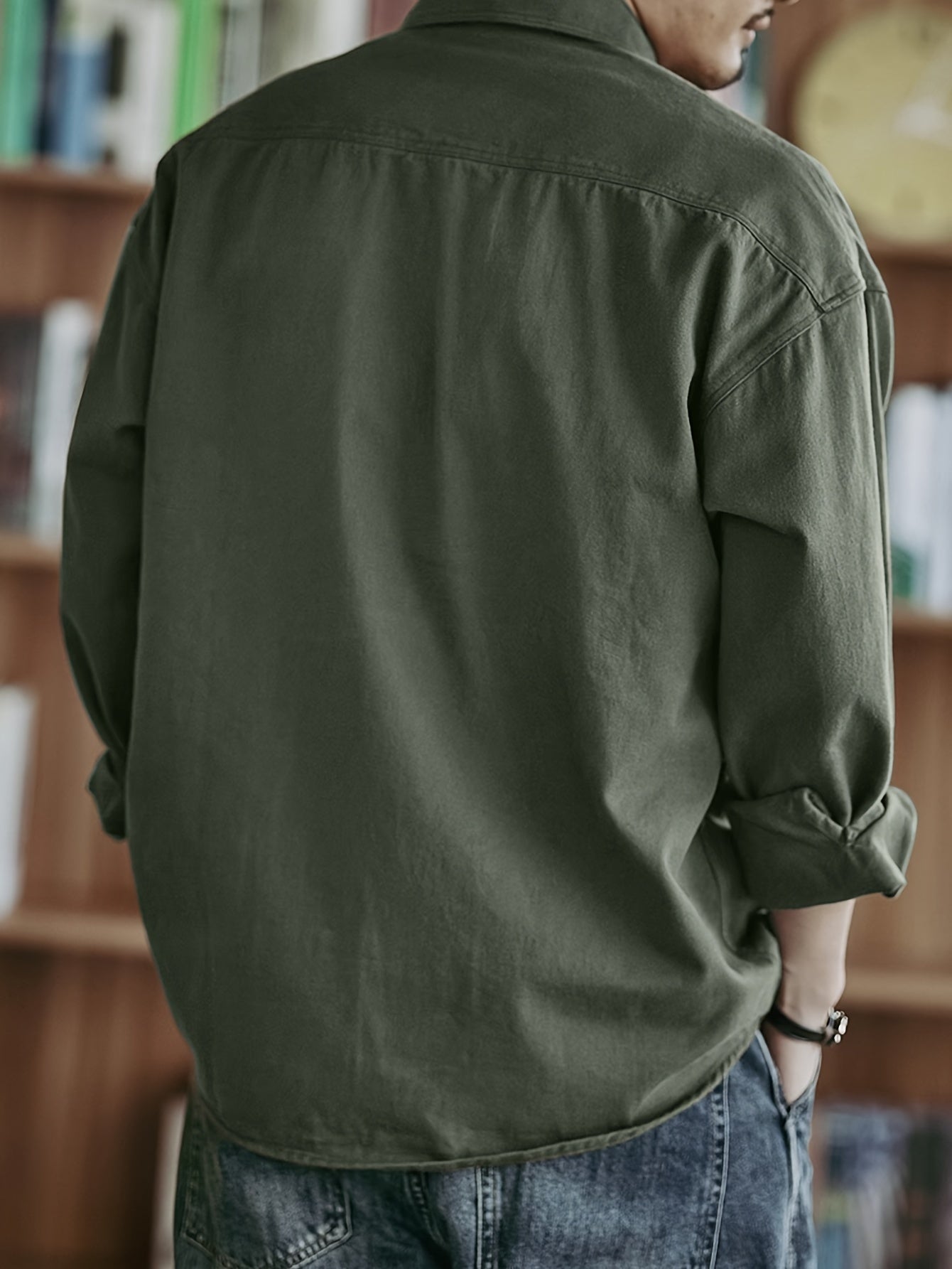 Men's Vintage Casual Cotton Shirt with Loose Fit Pockets Lapel Collar for Spring Fall