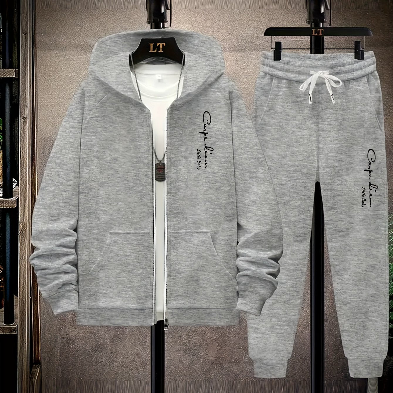 Caspe bosma kapüşonli sviter to'plami, inglizcha vertikal, metall fermuar bilan zamonaviy, tortishish ipli sport shimlari, oddiy kesim, kuz/qish uchun zarur.