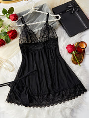 Women's Nightdress Set with Thin Shoulder Straps and Charm Design Including Thong