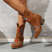 Women's Embroidered Fabric Cowboy Boots with Pointed Toe and Chunky Heel Brown