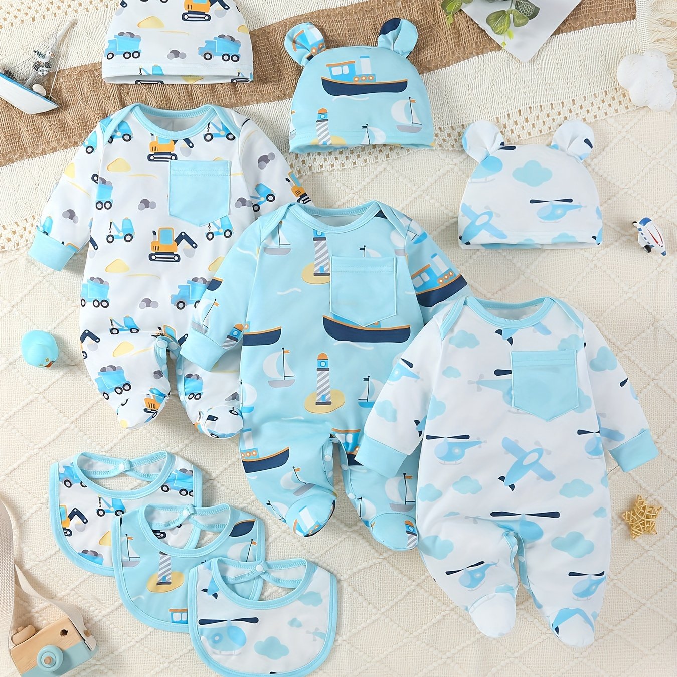 Комплект для новорожденных 9 предметов: бодик с длинным рукавом, обертка, шапка-кролик с мультяшными принтами и полотенце для слюнявки