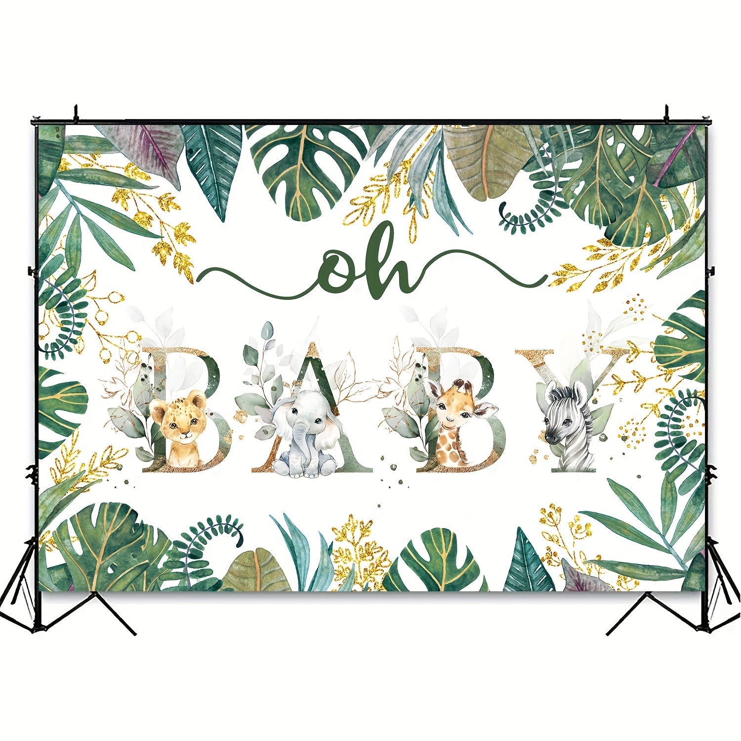 Гендерно-нейтральный фон для джунглей для душа или дня рождения, с золотыми акцентами, зелеными листьями и милыми иллюстрациями животных. Размеры 213,36x152,4 см.