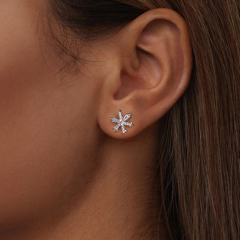 Sterling Silver Snowflake Stud Earrings with Synthetic Zirconia for Women