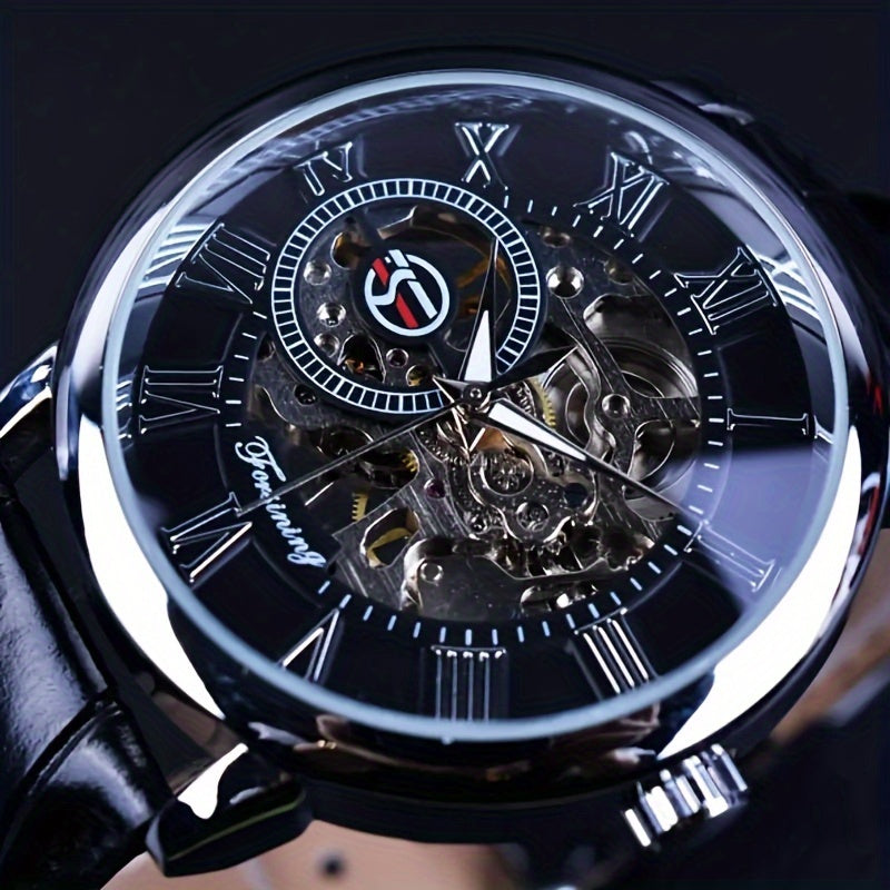 Men's Mechanical Watch with Hollow Design and Leather Strap for Young Men