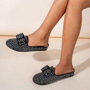 Women's Vintage Rhinestone Bowknot Mules Black Fabric Flats All-Season
