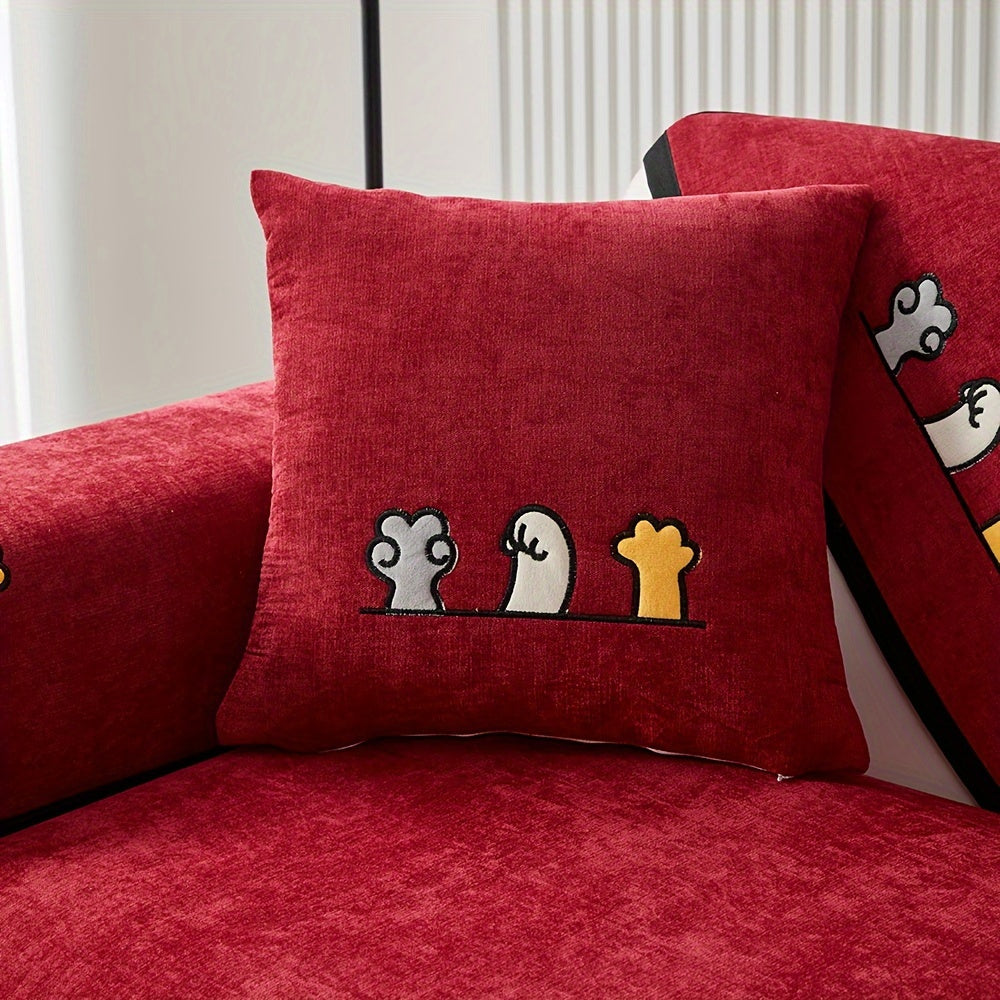 Красный чехол для дивана из шенилла с игривой вышивкой в виде косточек. Удобен для домашних животных, не скользит, можно стирать в машине, идеально подходит для диванов на 1-4 места в гостиной, спальне, офисе.