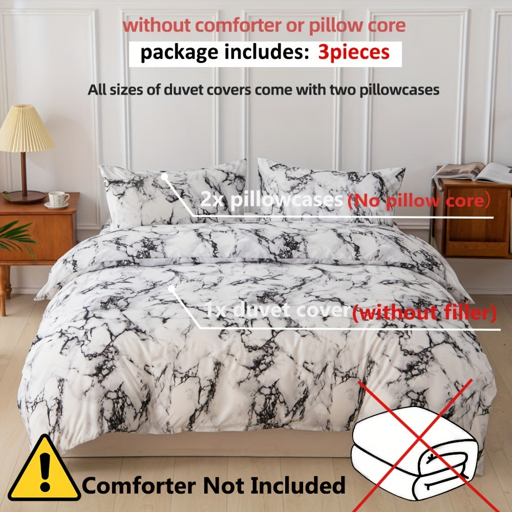 Black and White Marble Print Bedding Set 3 Piece Polyester Duvet Cover and Pillowcases
