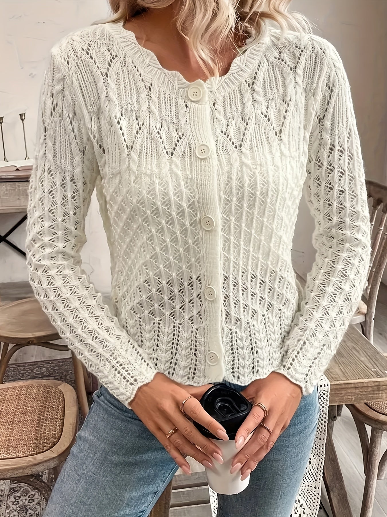 Plus Size Women Cable Pattern Long Sleeve Cardigan Beige Fall Winter Clothing