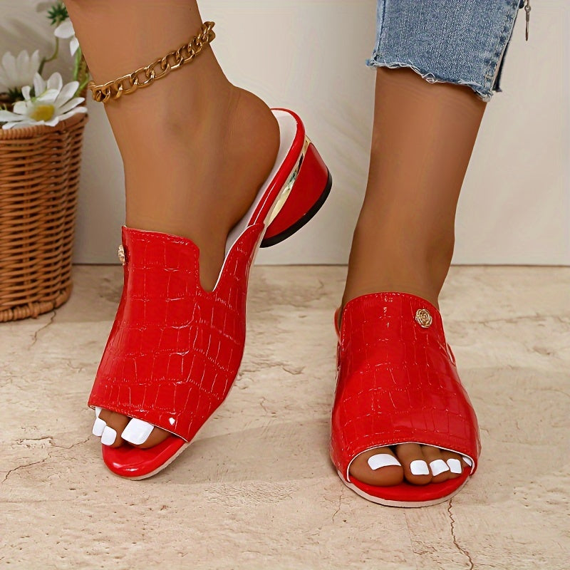 Women's Crocodile Embossed Slide Sandals Casual Peep Toe Chunky Heel