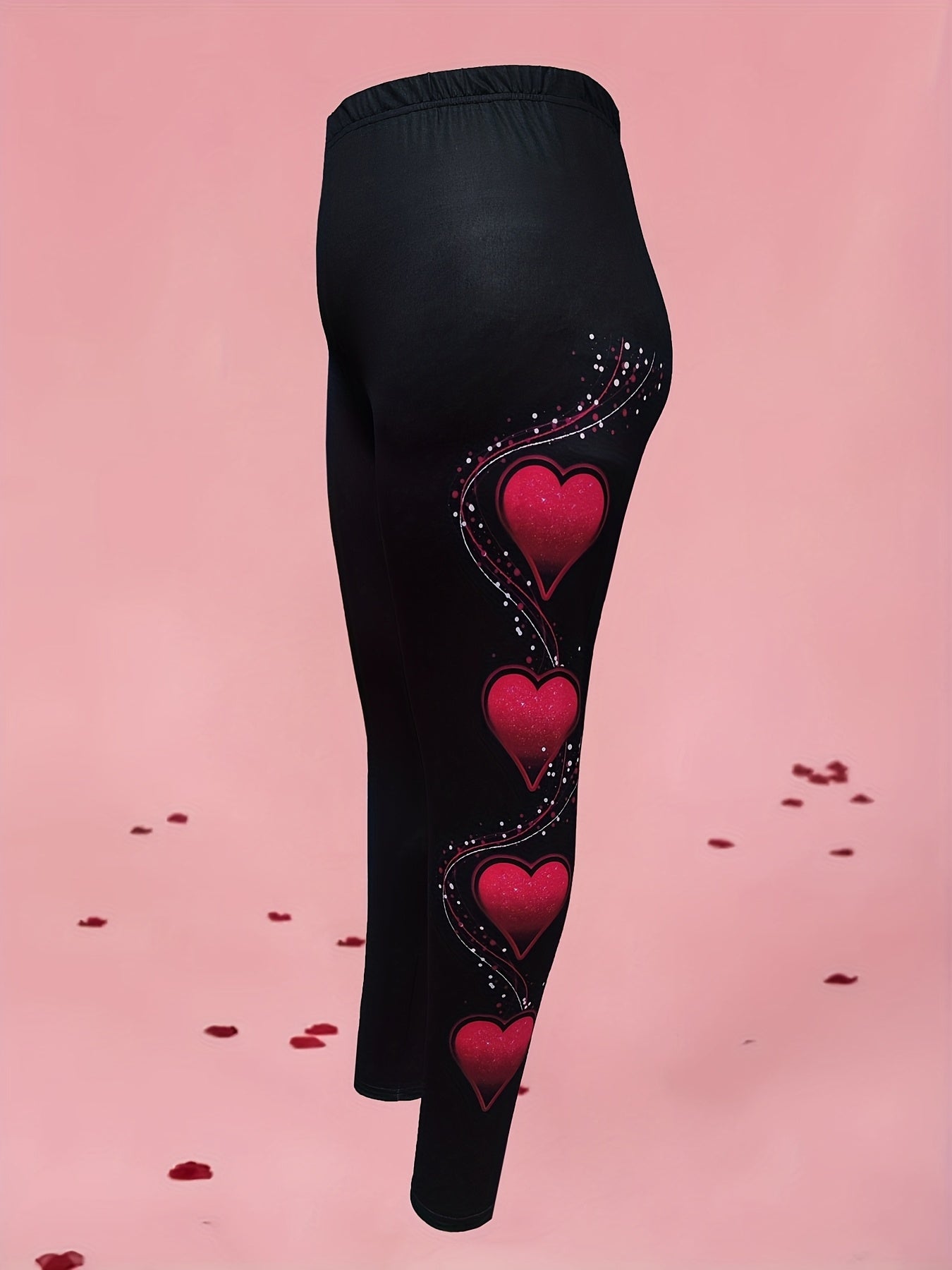 Plus Size Women's Heart Print Leggings Purple Glitter Elastic Spring Fall Fashion
