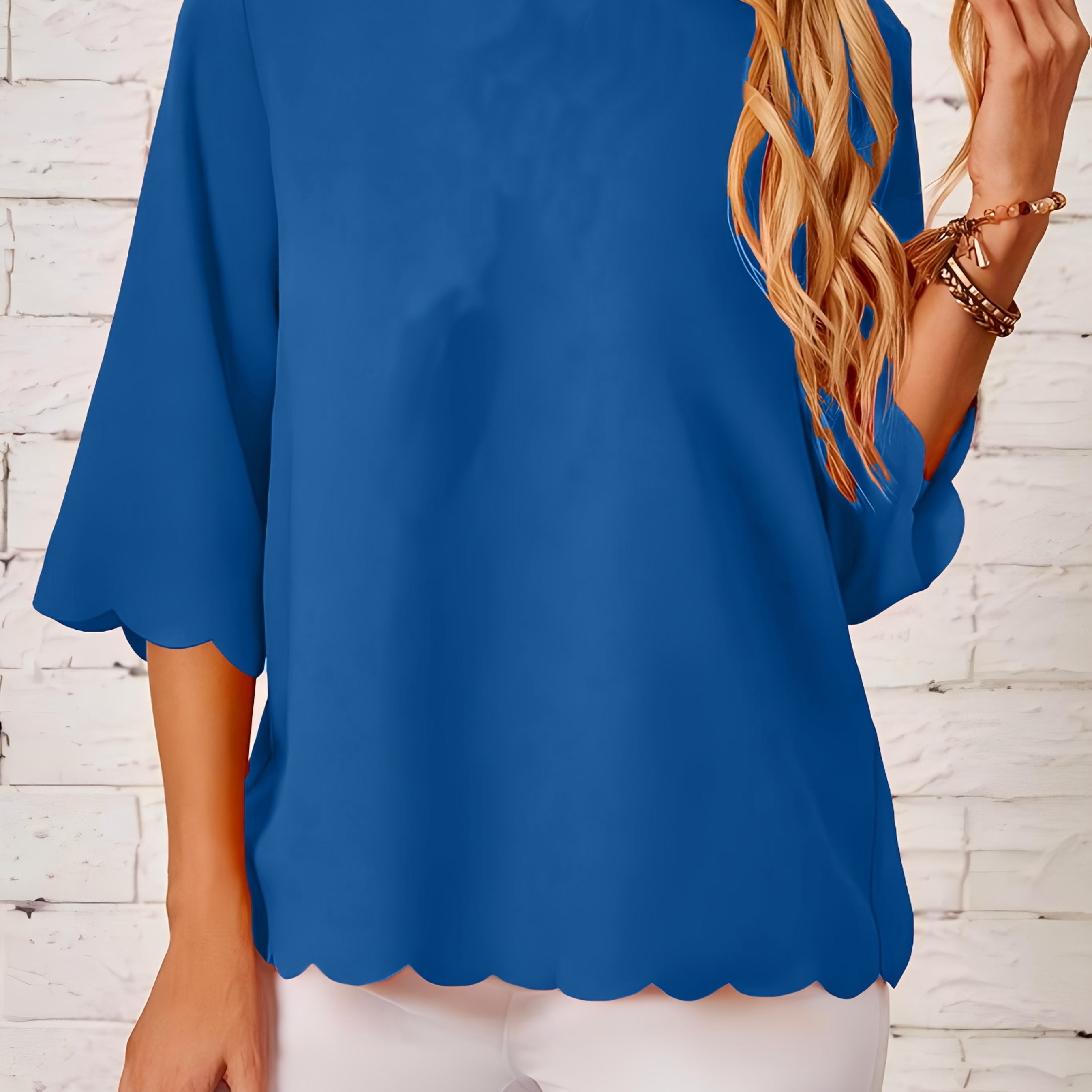 Women's Green Ruffled Hem Blouse Stretchy Round Neck Casual Formal Wear
