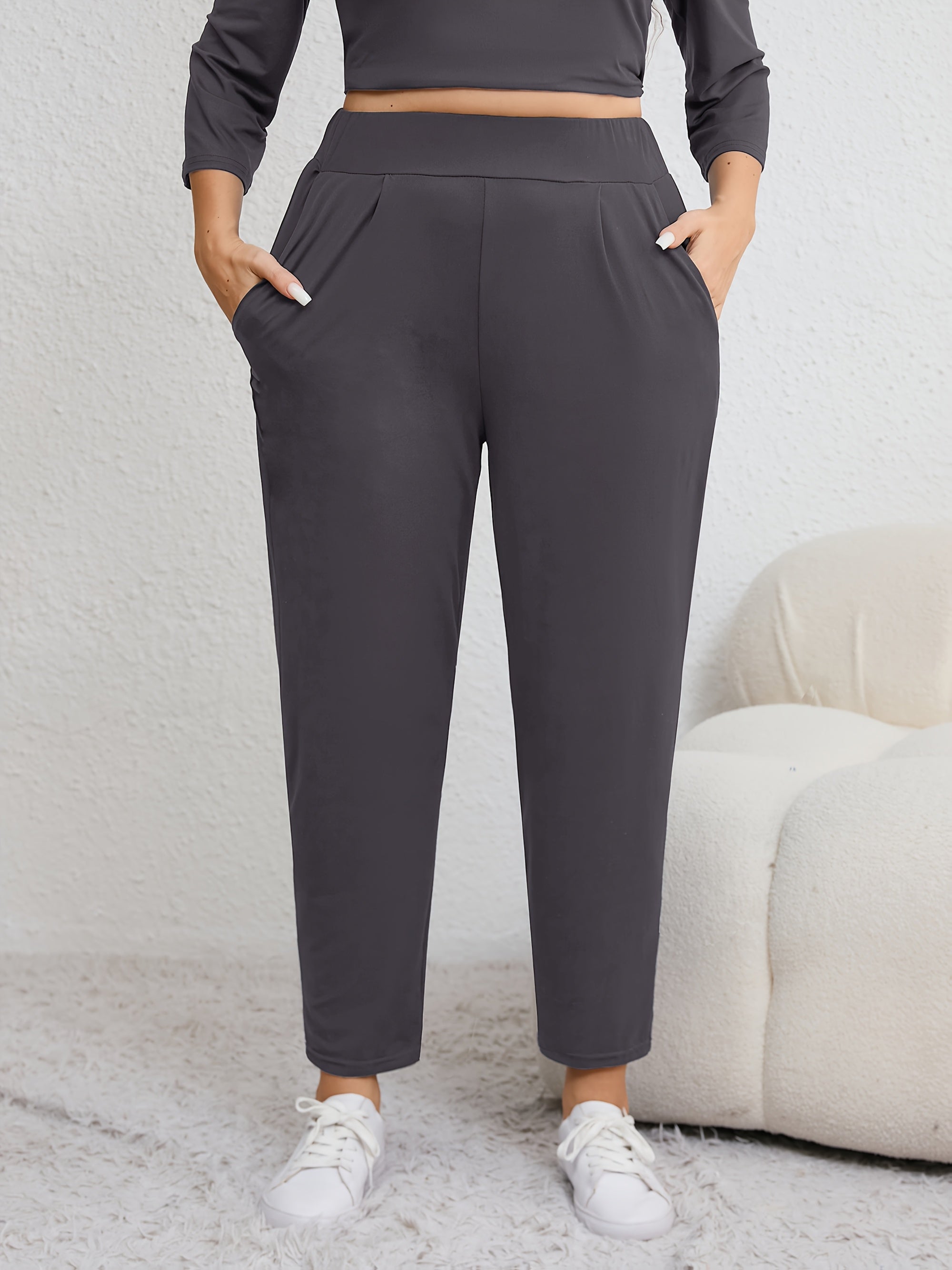 Pantalones harem de tallas grandes para mujer con cintura fruncida de alta elasticidad y bolsillos para todas las estaciones