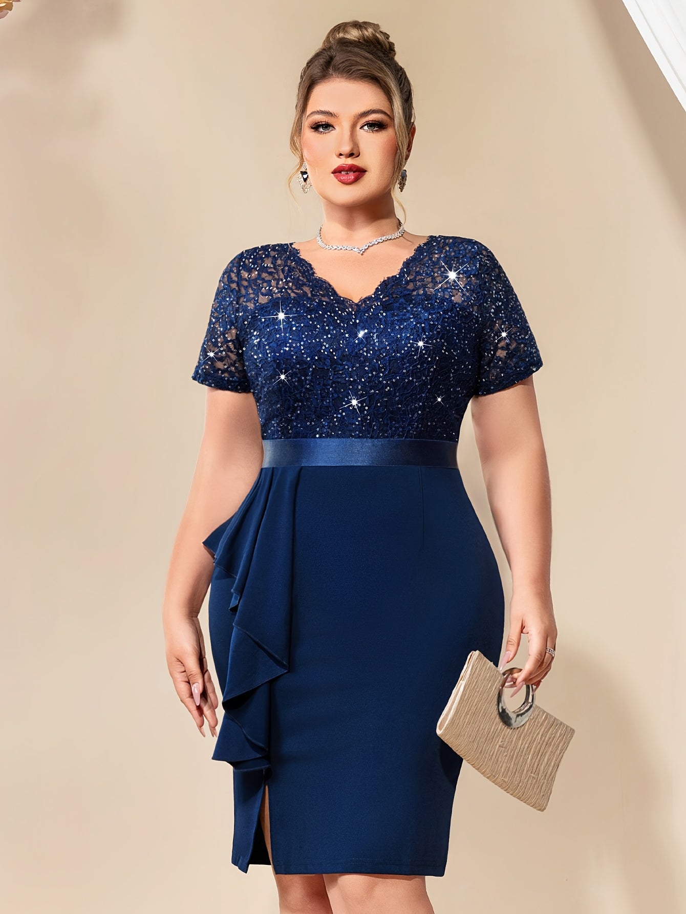Plus Size Women's Sequin Lace Ruffle V-Neck Bodycon Dress Cocktail Party