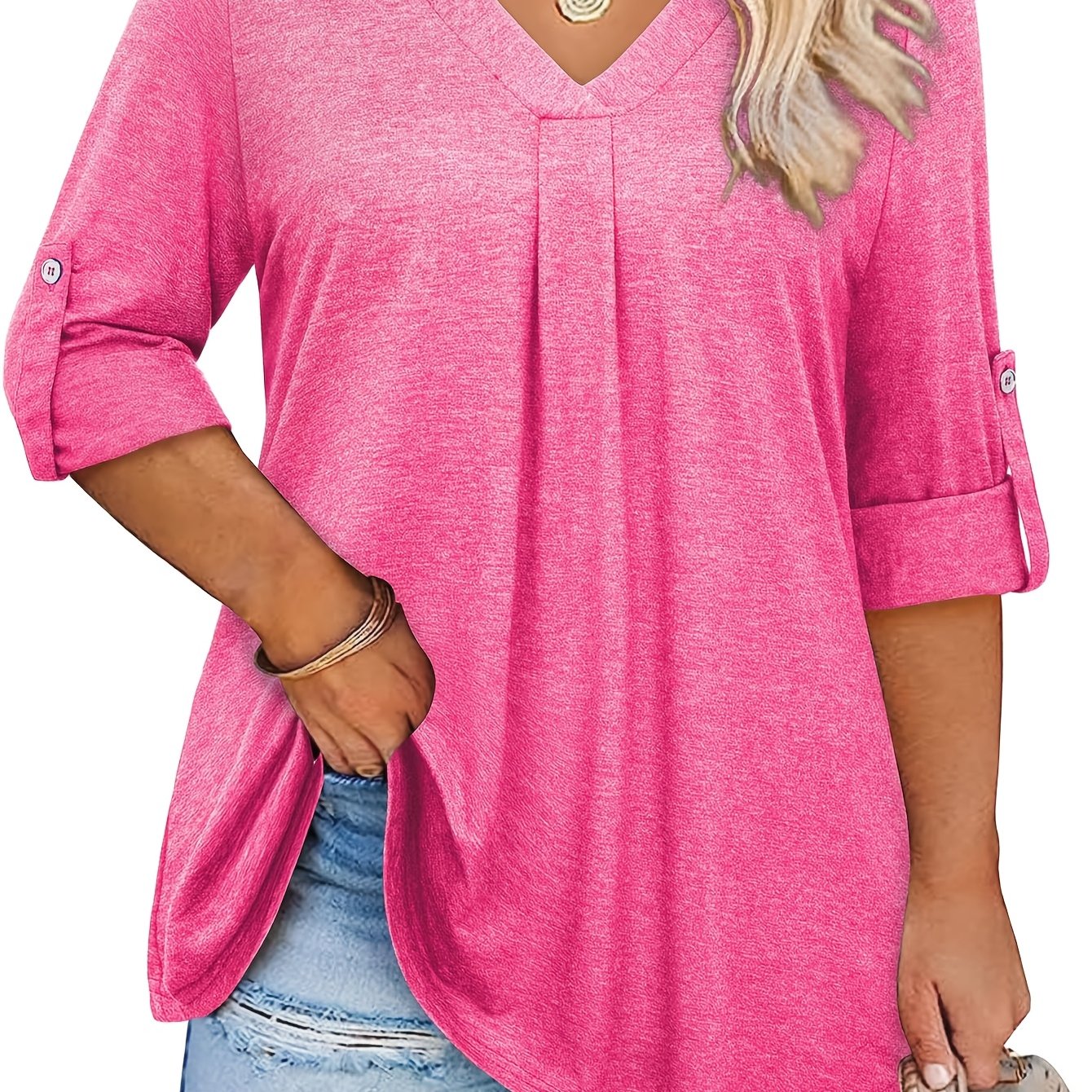 Plus Size Women's V-Neck Blouse 3/4 Sleeve Solid Color Casual Top