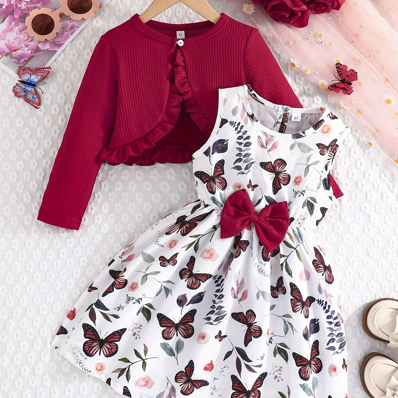 Girls Butterfly Print Casual Dress with Long-Sleeved Jacket for Spring Fall