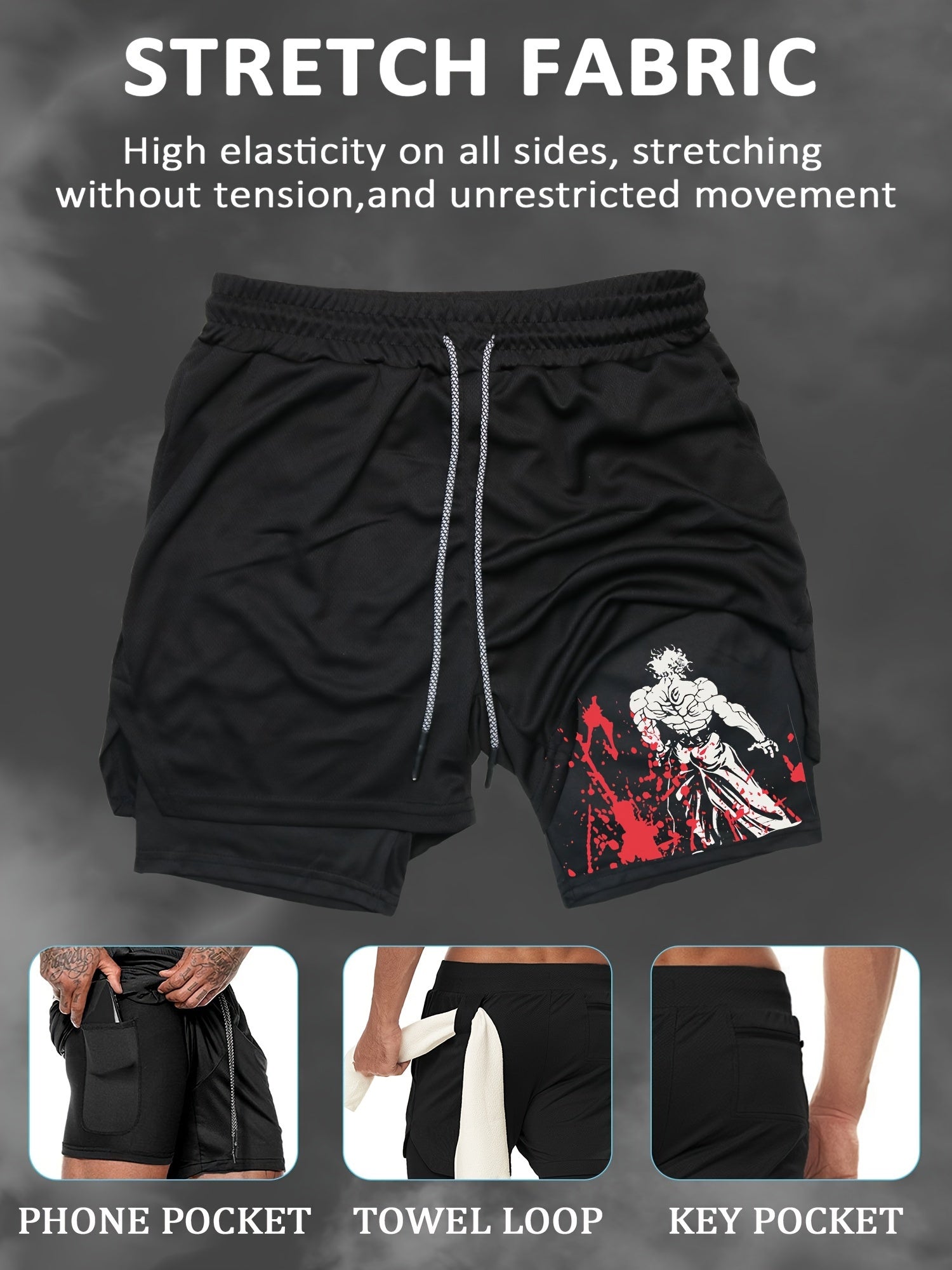 Men's Summer Print Dual-Layer Shorts Breathable Quick-Dry Pockets Casual Sports