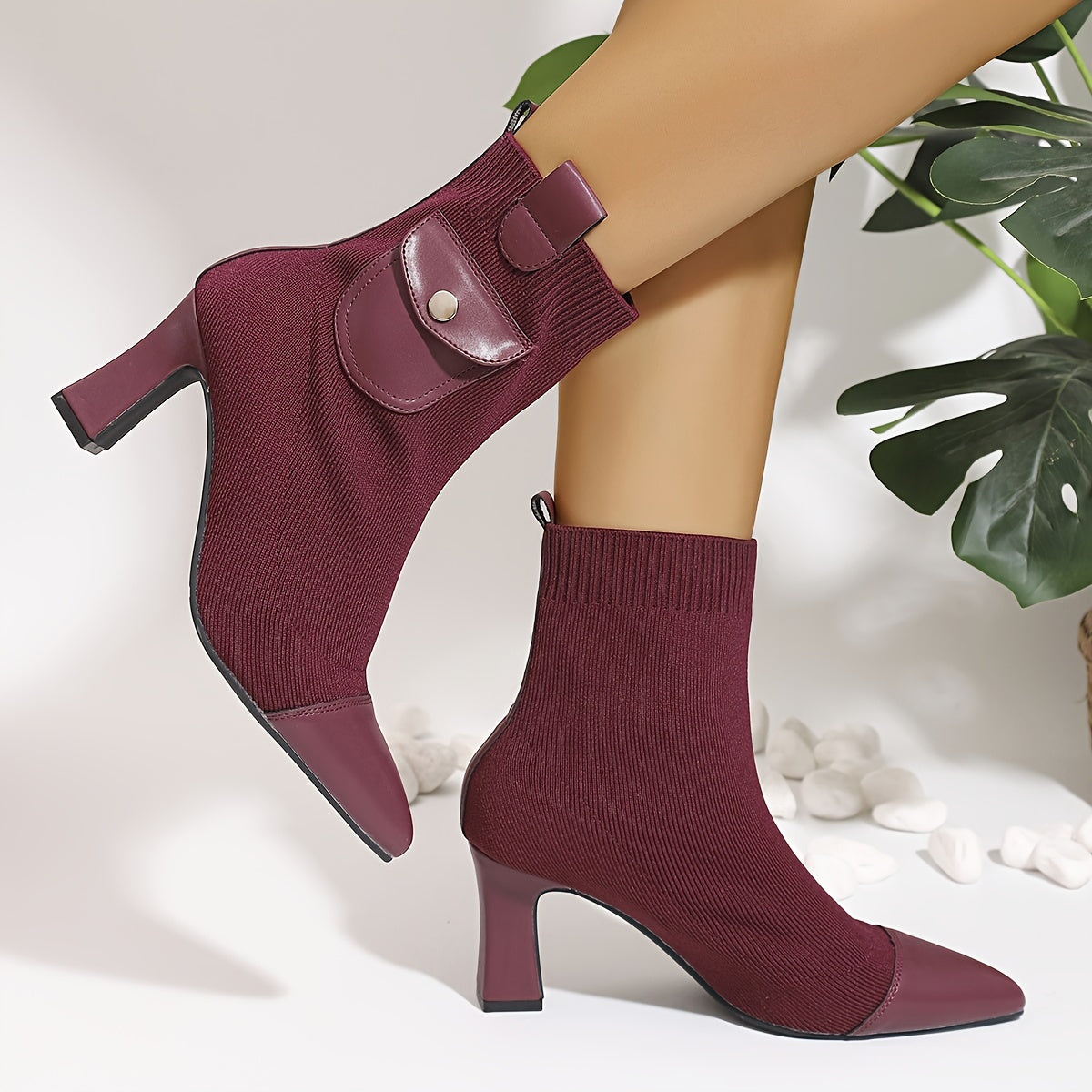 Women's Solid Color Pointed Toe High Heel Ankle Boots with Elastic and Thick Heels