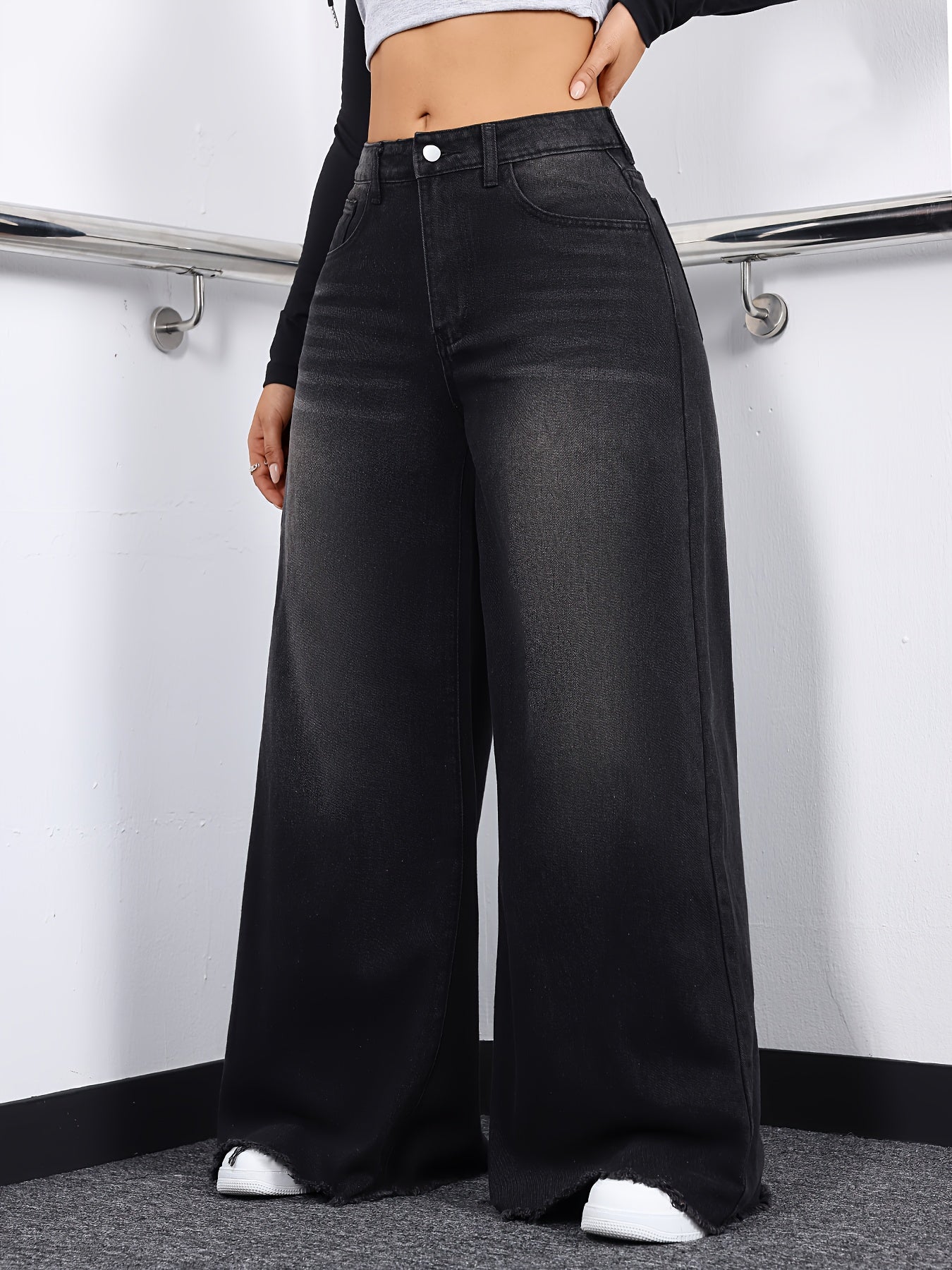 Women's Plus Size Black Flare Leg Jeans with Frayed Hem Tassels