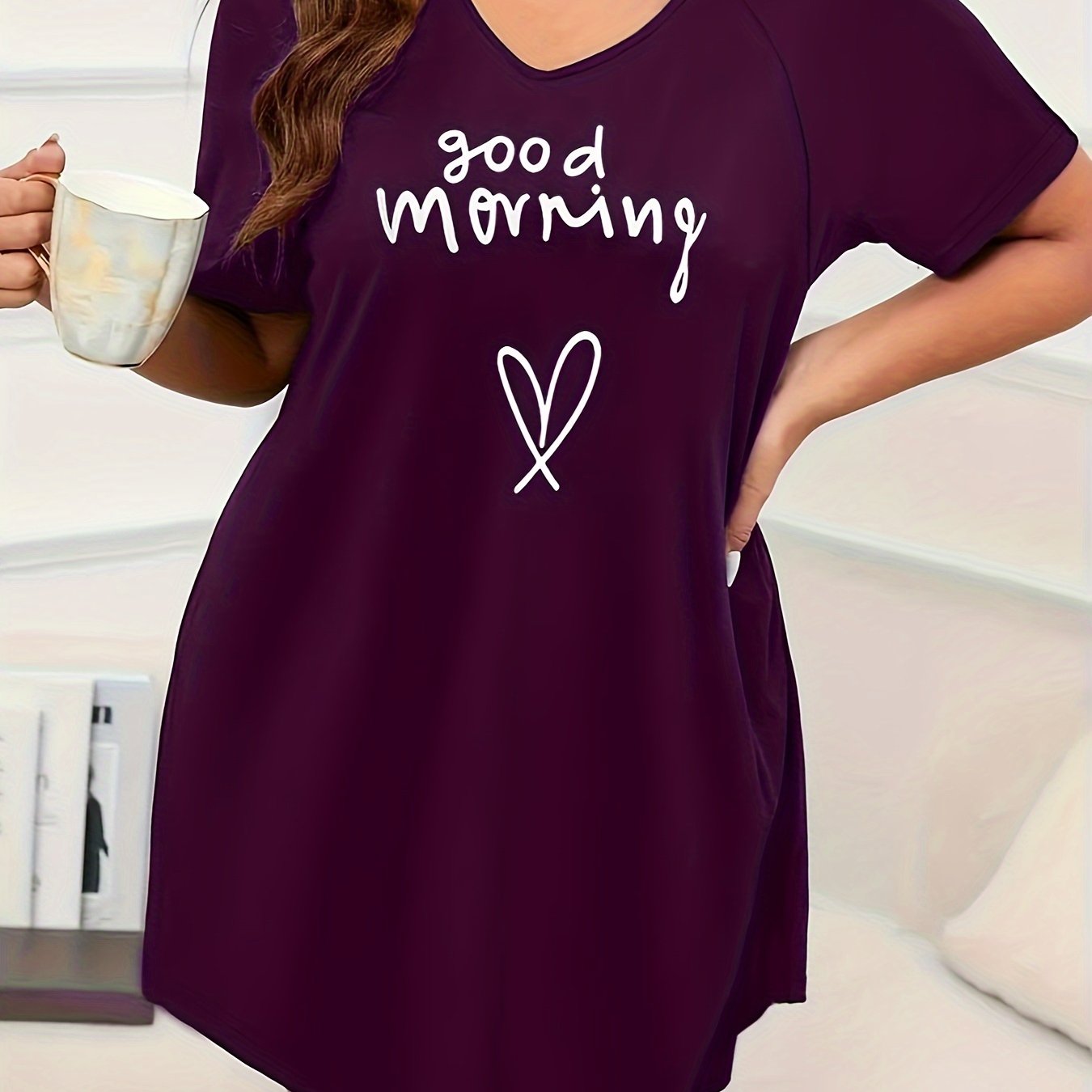 Plus Size Navy Blue Short Sleeve Sleep Dress Lounge Nightgown All-Season