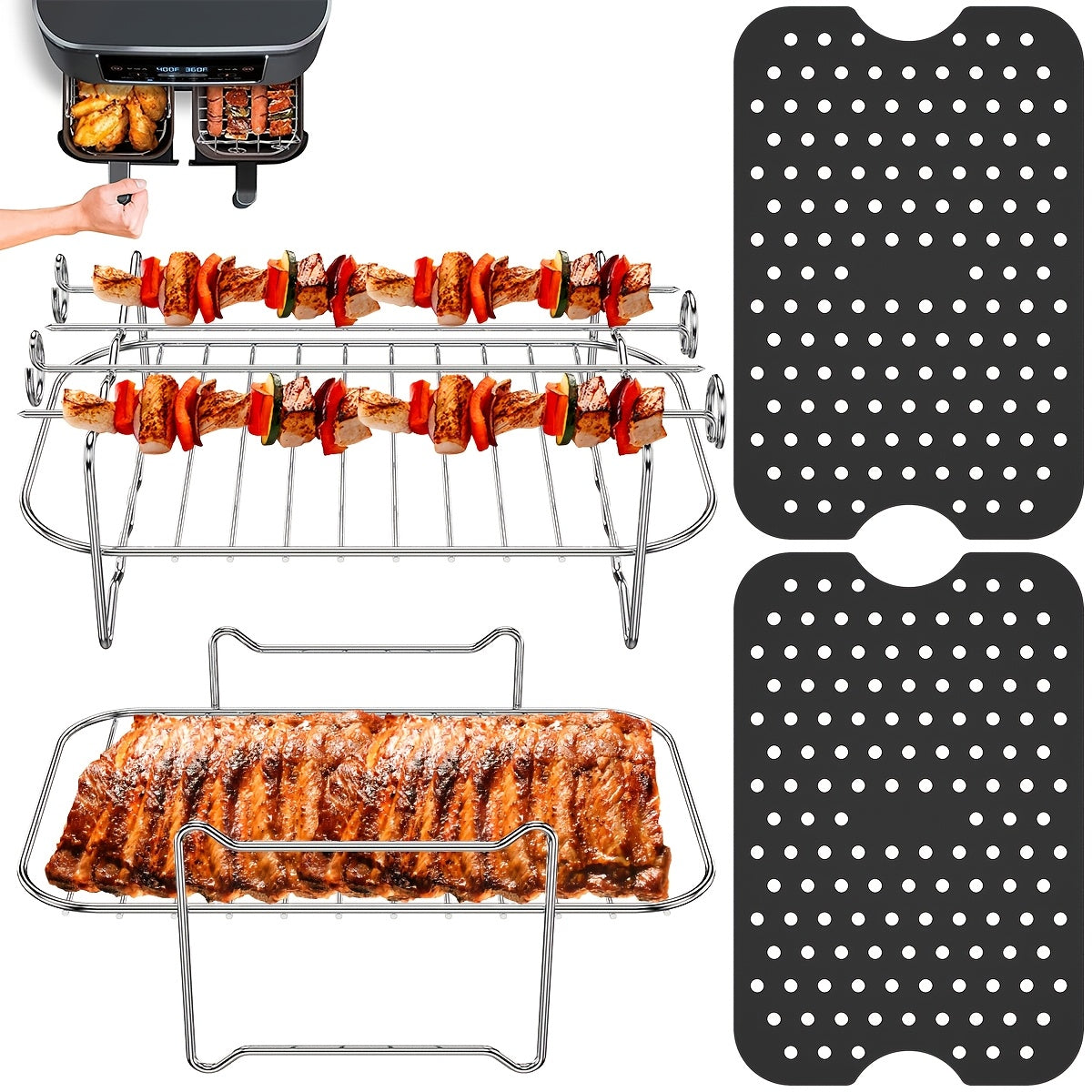 Juego de 2 rejillas de acero inoxidable para freidora de aire con brochetas y revestimientos de silicona para Ninja Air Fryer