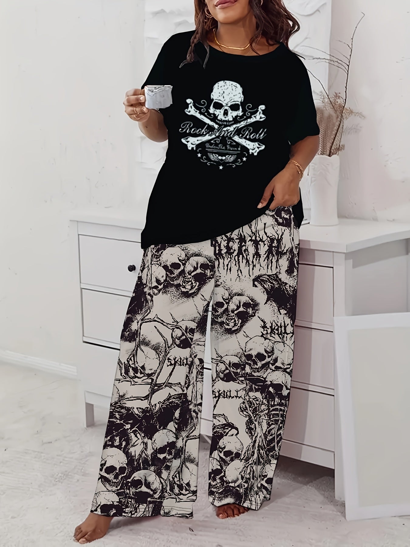 Women's Pajama Set Loose Short Sleeves Gothic Skull Print Nightwear