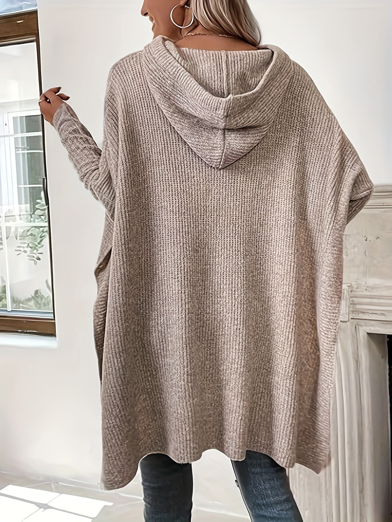 Women's Beige Hooded Sweater with Drawstring Batwing Sleeves