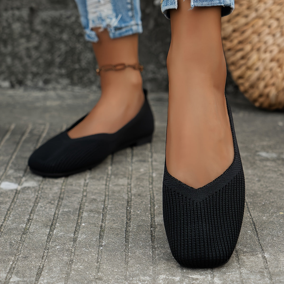 Zapatos slip-on de punto transpirable para mujer, casual, de punta cuadrada, para exteriores, ligeros, de tela