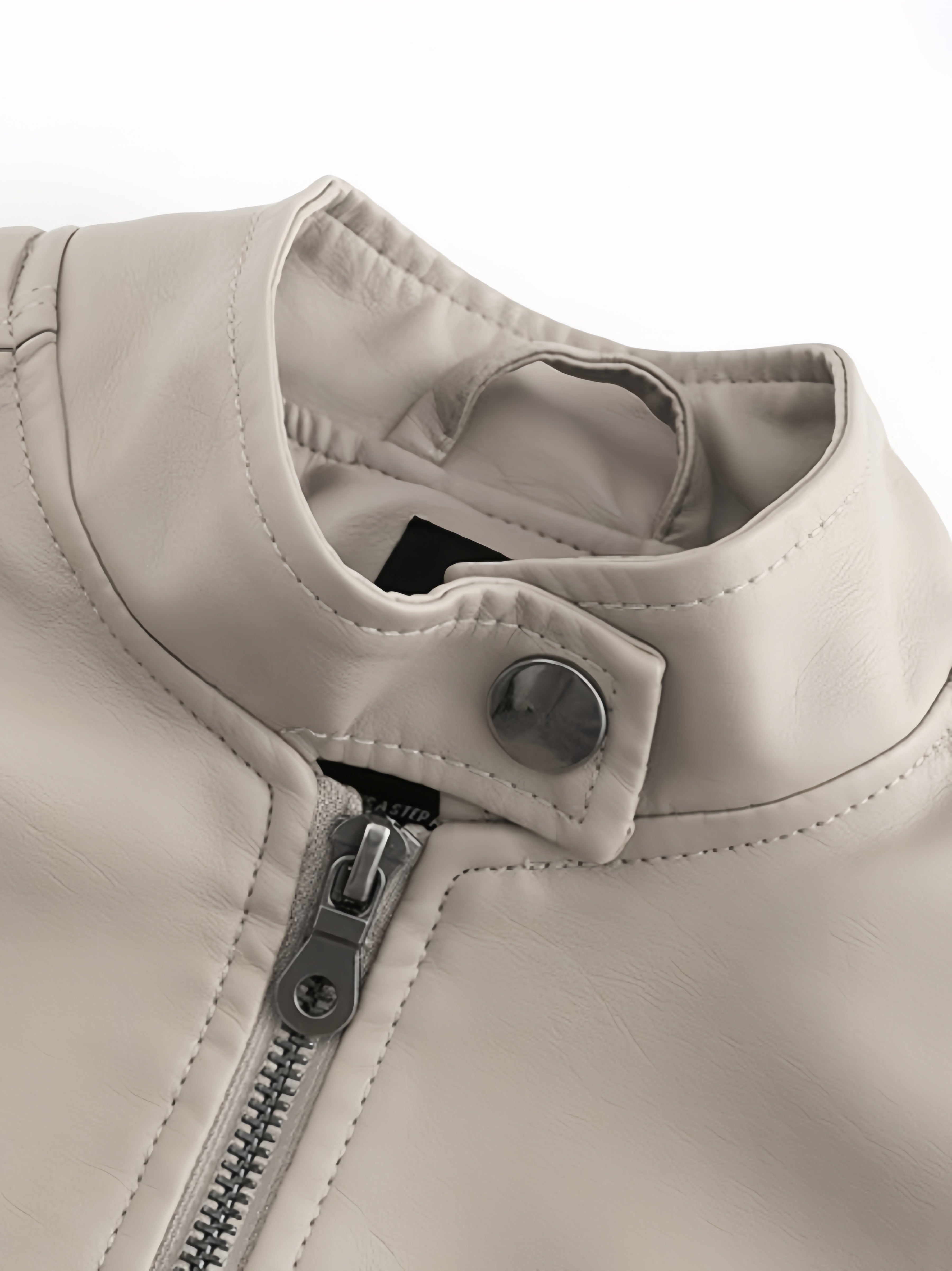 Women's Beige Biker Style Jacket for Spring Fall Zipper Stand Collar Pockets